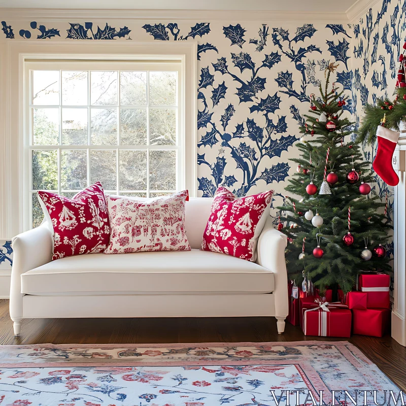 AI ART Christmas Decorated Room with Tree and Sofa