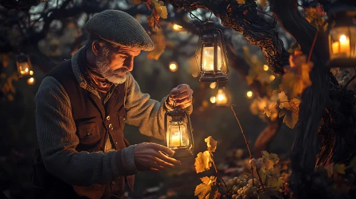 Man with Lantern in Vineyard