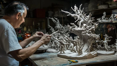 Intricate Clay Sculpture Creation in Artist's Workshop