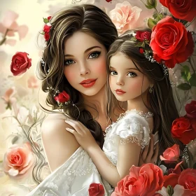Charming Portrait of Woman and Child with Roses