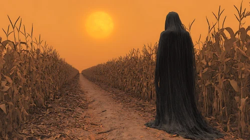 Hooded Figure in Cornfield at Sunset