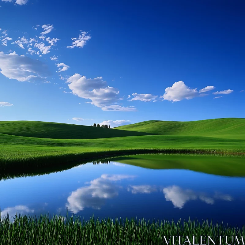 Peaceful Hills Landscape with Pond Reflection AI Image