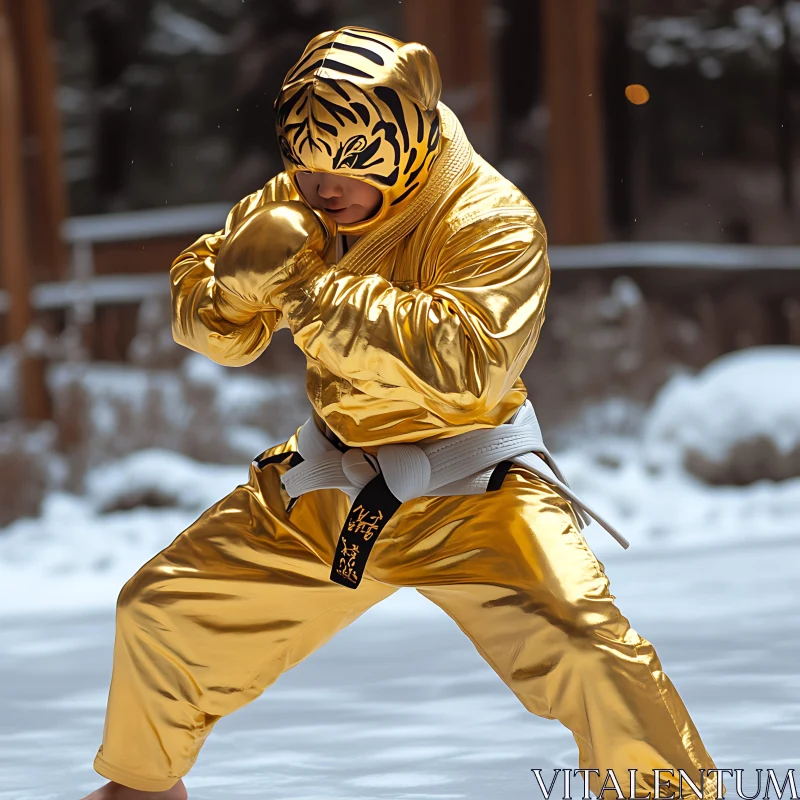 Child in Gold Tiger Suit Karate Practice AI Image