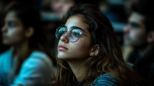 Young Woman Gazing Upward with Glasses