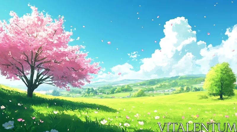 AI ART Pink Blossom Tree in Green Field