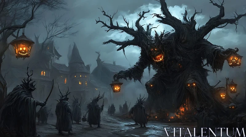 Eerie Figures in a Dark Village AI Image