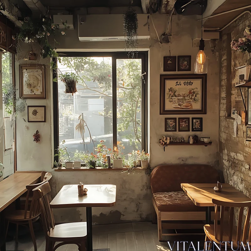 Sunlit Cafe Interior with Wooden Furniture AI Image