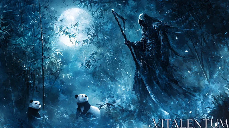 AI ART Moonlit Encounter with Pandas and the Reaper