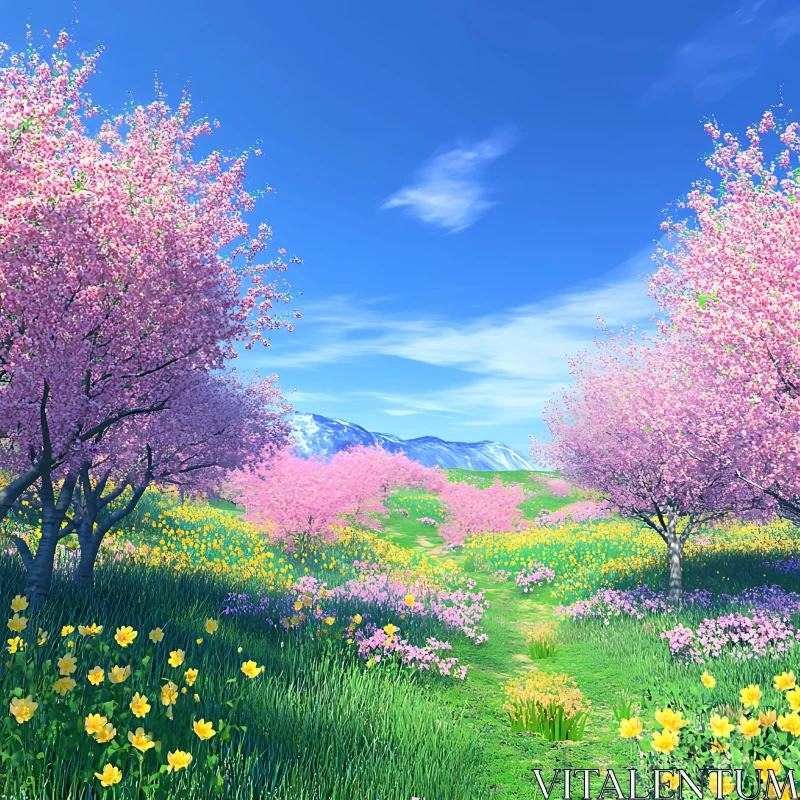 Pink Blossom Trees, Blue Sky AI Image