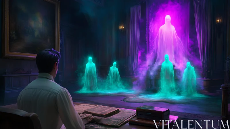 Ghostly Apparitions in a Grand Hall AI Image