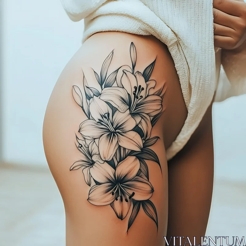 Intricate Floral Tattoo Design on Upper Thigh AI Image