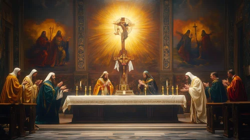 Priests Praying Before Cross in Church