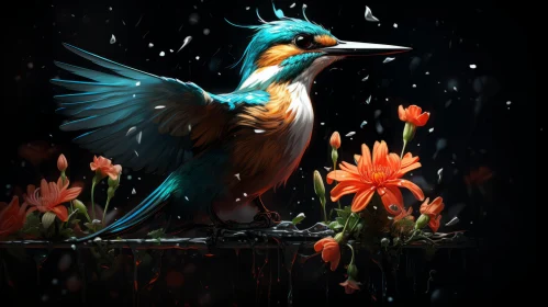 Bird Perched on Flower Amidst Rain - Marine Painter Style Illustration