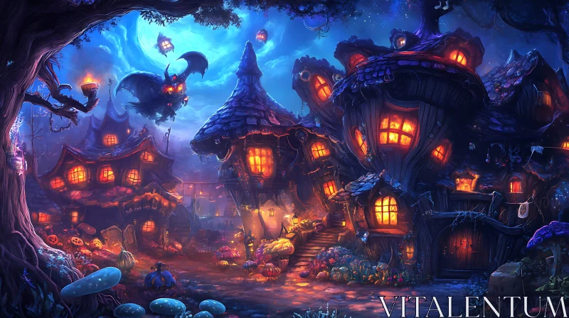 AI ART Nighttime Fantasy Village