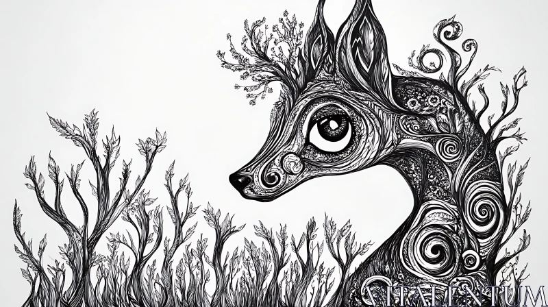 AI ART Monochrome Deer in Stylized Forest