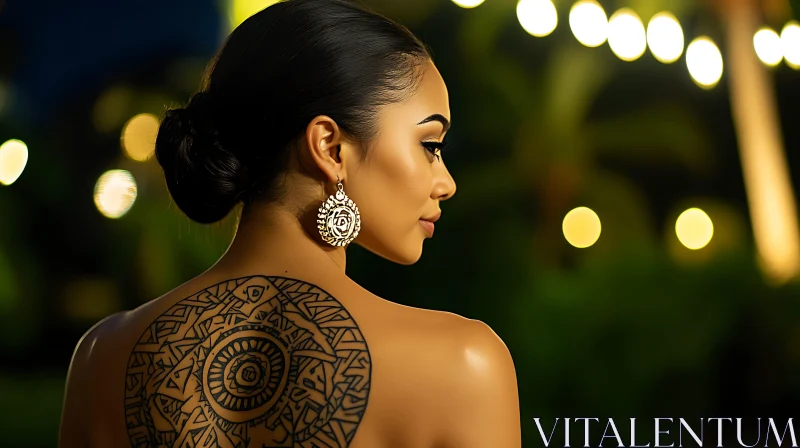 Woman with Intricate Back Tattoo and Ornate Earrings in Evening Light AI Image