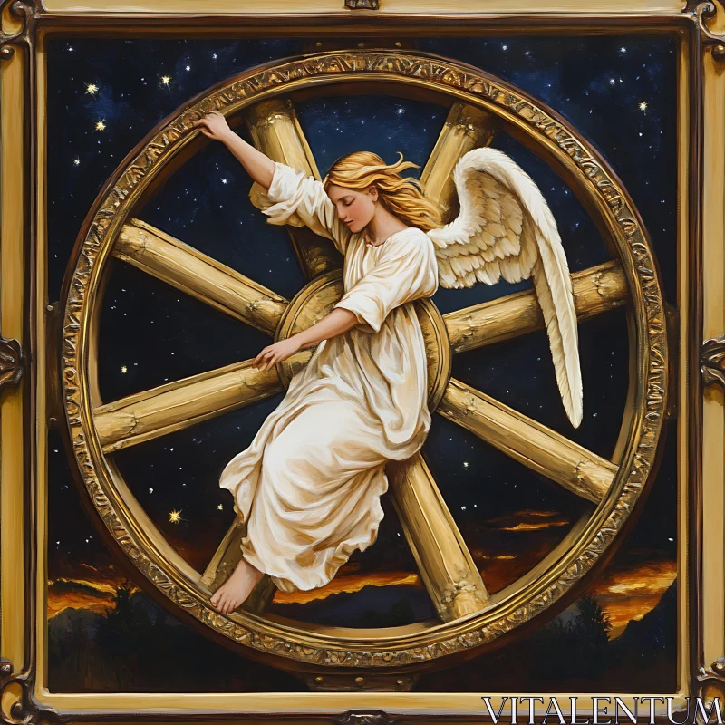 AI ART Celestial Angel Resting on Golden Wheel