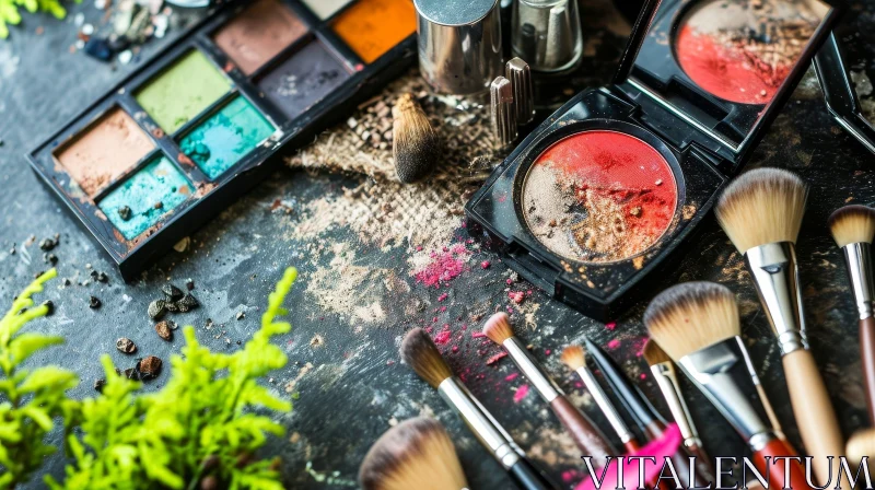 Chaos and Beauty: A Captivating Flat Lay of Makeup Products and Brushes AI Image