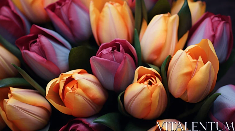 Close-up View of Tulip Bouquet in Light Orange and Dark Magenta AI Image