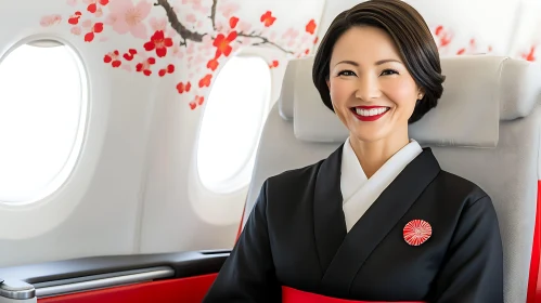 Smiling Woman on Aircraft with Floral Decor