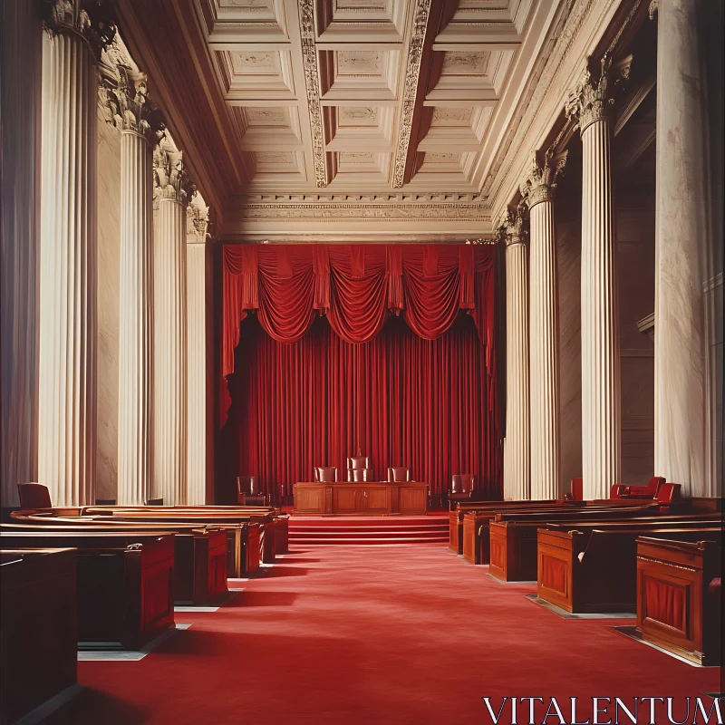 Classic Courtroom with Red Carpet and Columns AI Image