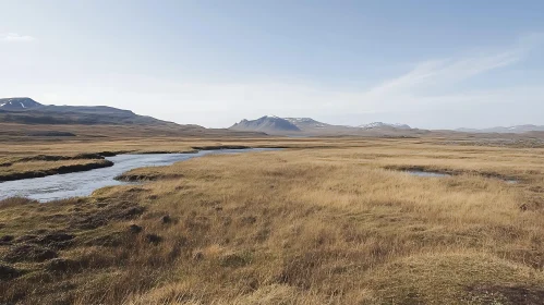 Mountains Landscape with River and Field