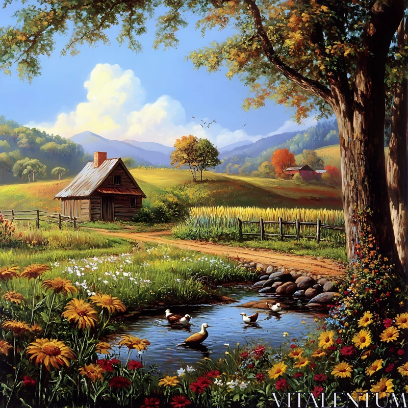 AI ART Tranquil Countryside Scene with Cabin and Stream