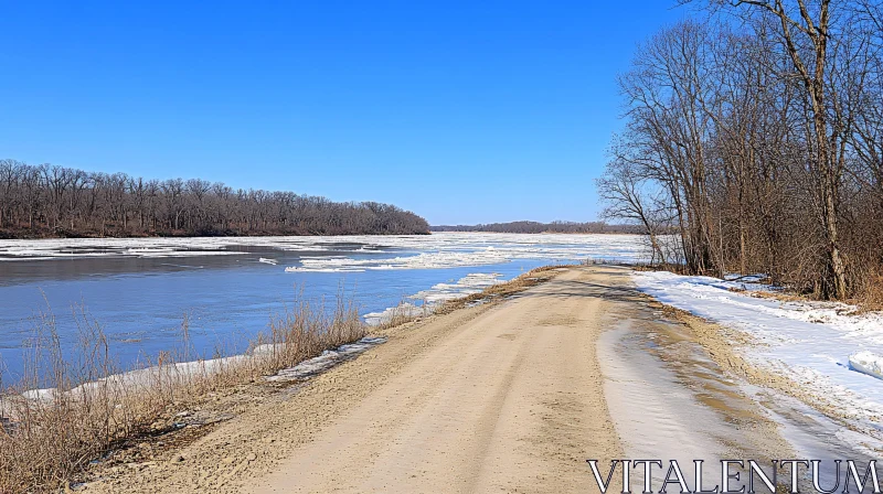 AI ART Tranquil Frozen River and Snowy Trail Scene