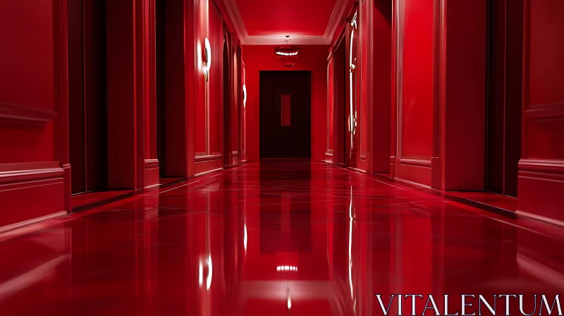 Crimson Passage: A Red Hallway View AI Image