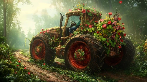 Rustic Tractor with Flowers in Woods