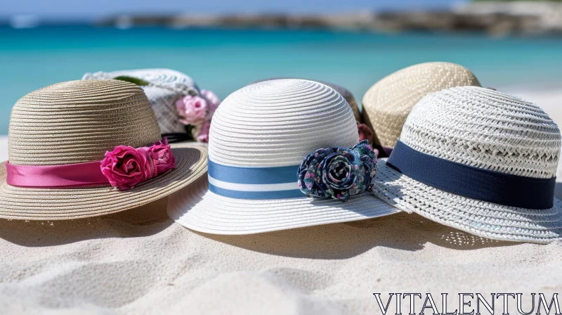 Five Straw Hats on a Sandy Beach - A Captivating Coastal Scene AI Image