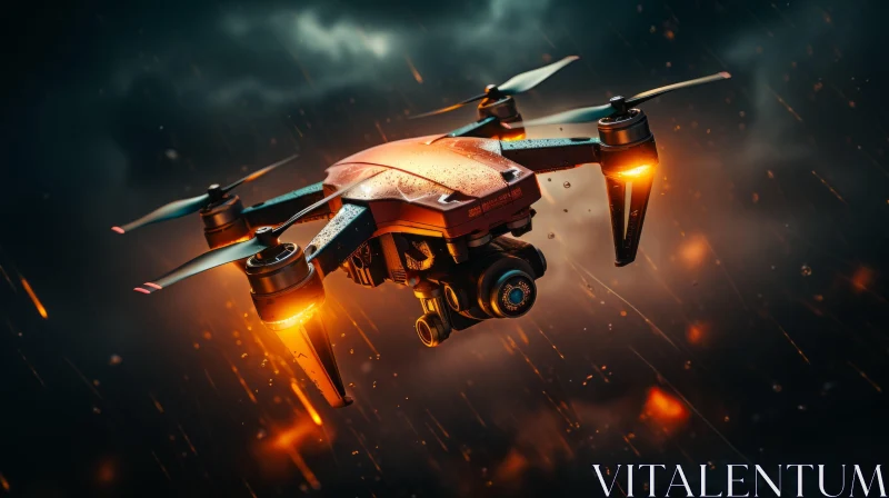 Flaming Drone Soaring in Dark Clouds - Industrial Design AI Image
