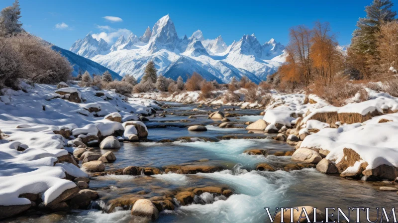 Snowy Mountain Landscape with River and Blue Sky AI Image