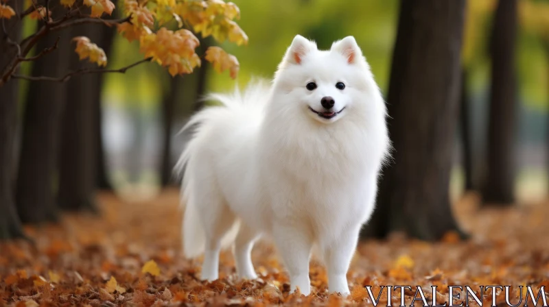White Dog Amidst Autumnal Forest: A Study in Rich Colors and Luxury AI Image