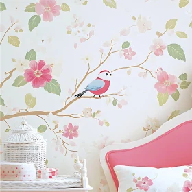 Bird on Floral Branch - Serene Wall Art