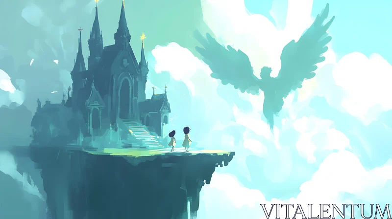 AI ART Children's Gaze: Castle and Angelic Sky