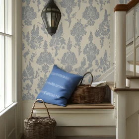 Cozy Interior with Blue Pillow and Baskets