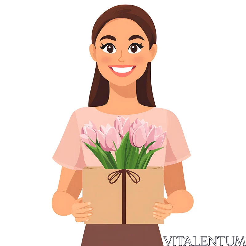 Cheerful Woman Holding Flowers AI Image