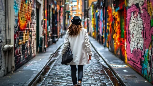 Woman Walking in Graffiti Alley