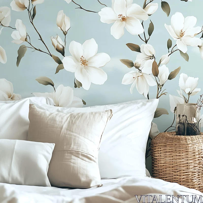 White Magnolia Flowers in Bedroom Setting AI Image