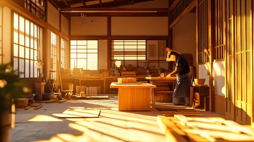 Sunlit Woodshop Scene with Fox Character