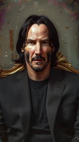 Keanu Reeves Seated in an Ornate Chair