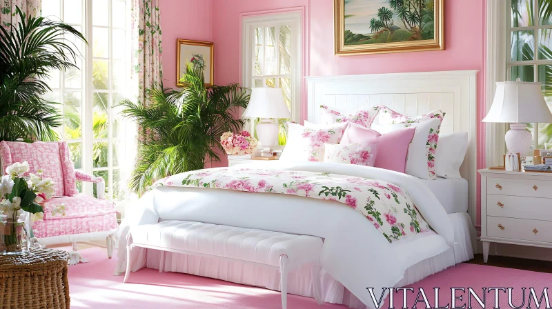 AI ART Serene Bedroom with Pink Floral Accents