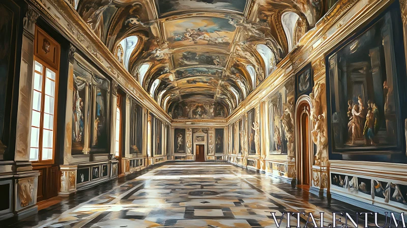 Ornate Hallway with Paintings AI Image