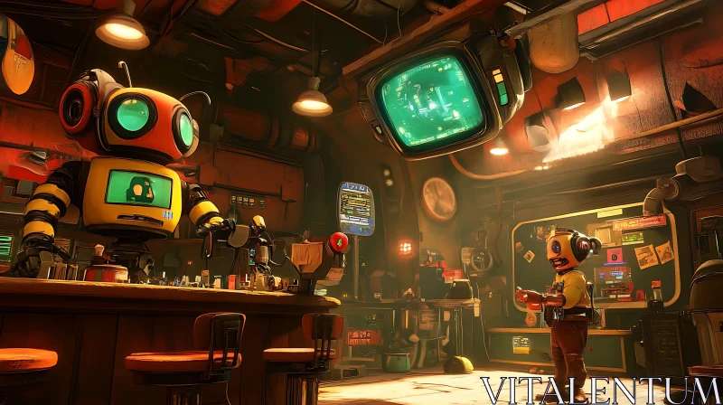 Steampunk Robot Bar Scene AI Image