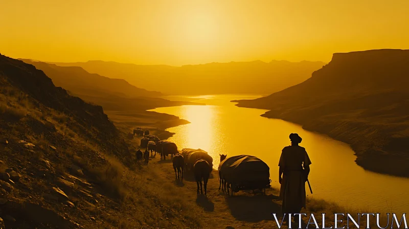 Sunset Landscape with Cattle and Silhouette AI Image