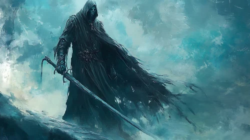 Dark Figure with Sword in Mist