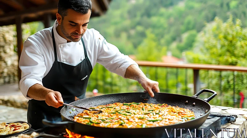 Outdoor Cooking with Chef Preparing Paella AI Image