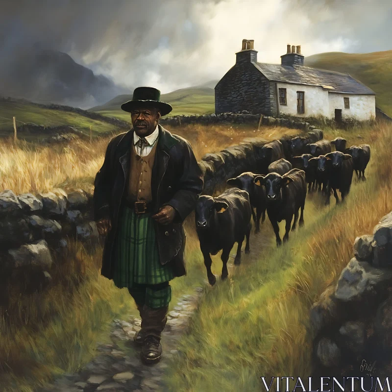 Rural Scottish Scene with Herdsman and Cattle AI Image