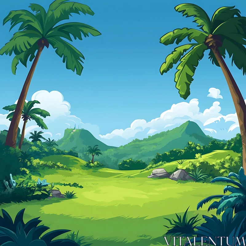 AI ART Tropical Island Scene with Green Field